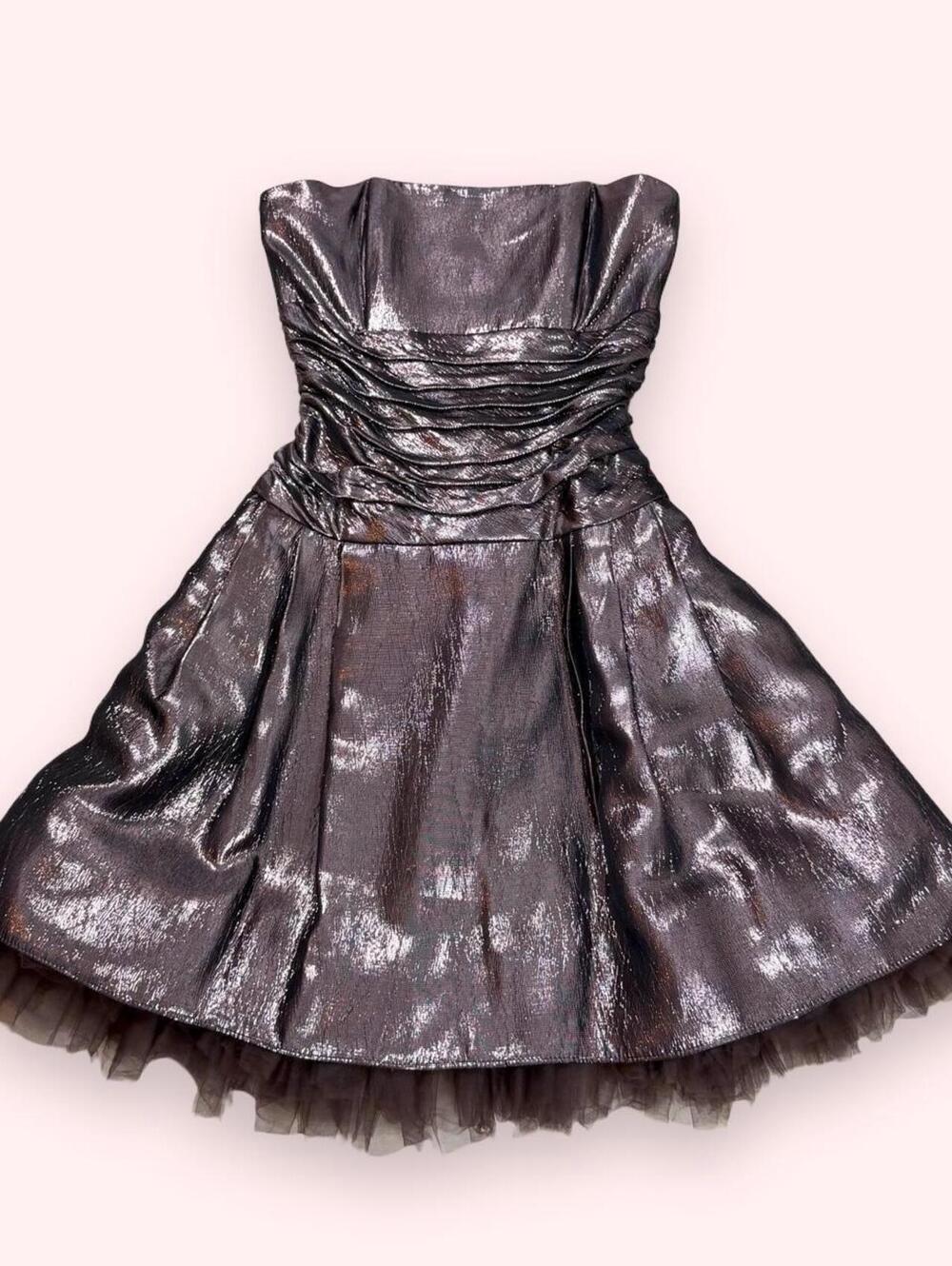 Metallic mini dress with ruched bodice and bow detail